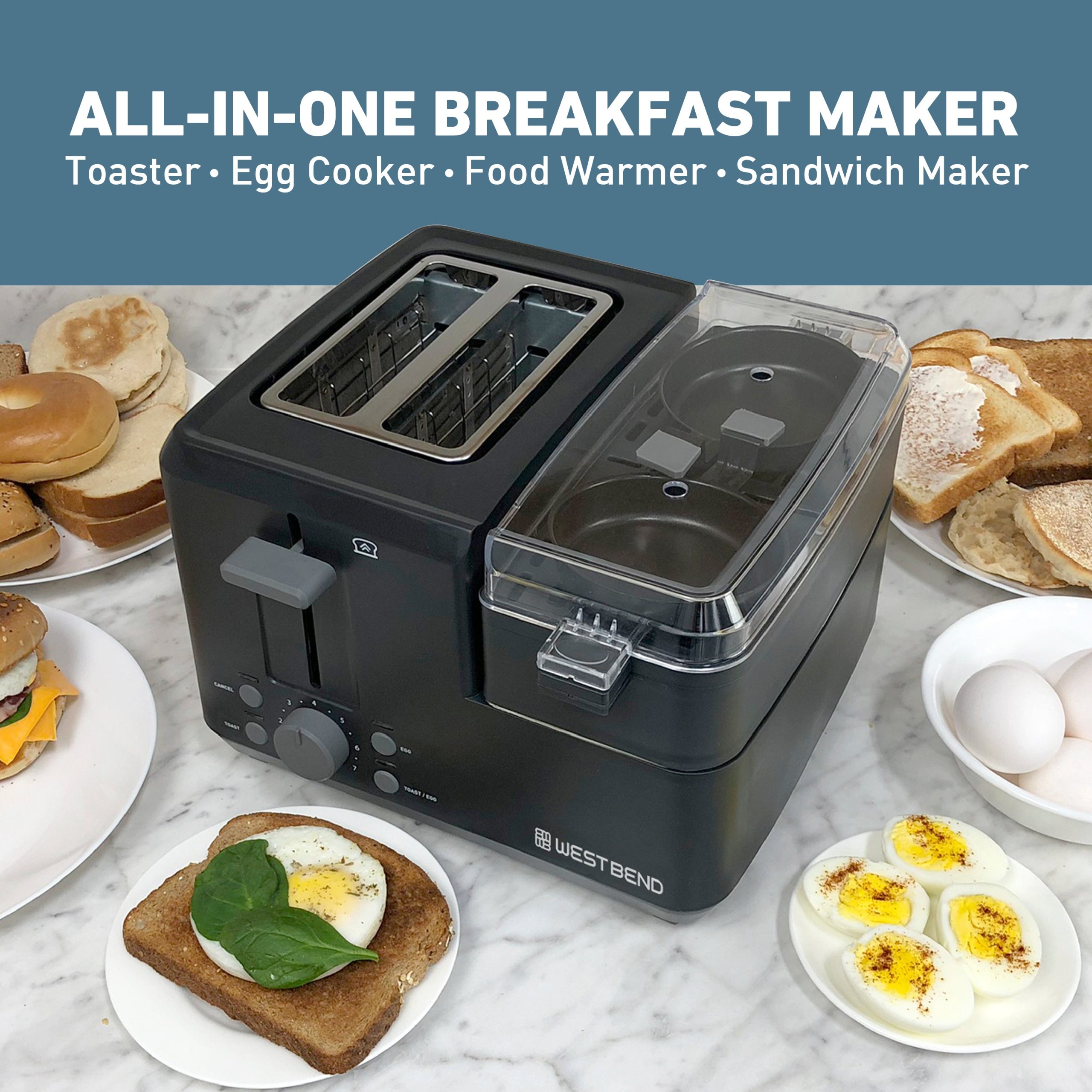 West Bend Multifunctional Breakfast Station 2-Slice Toaster with Egg Cooker and Meat Warmer - Image 3